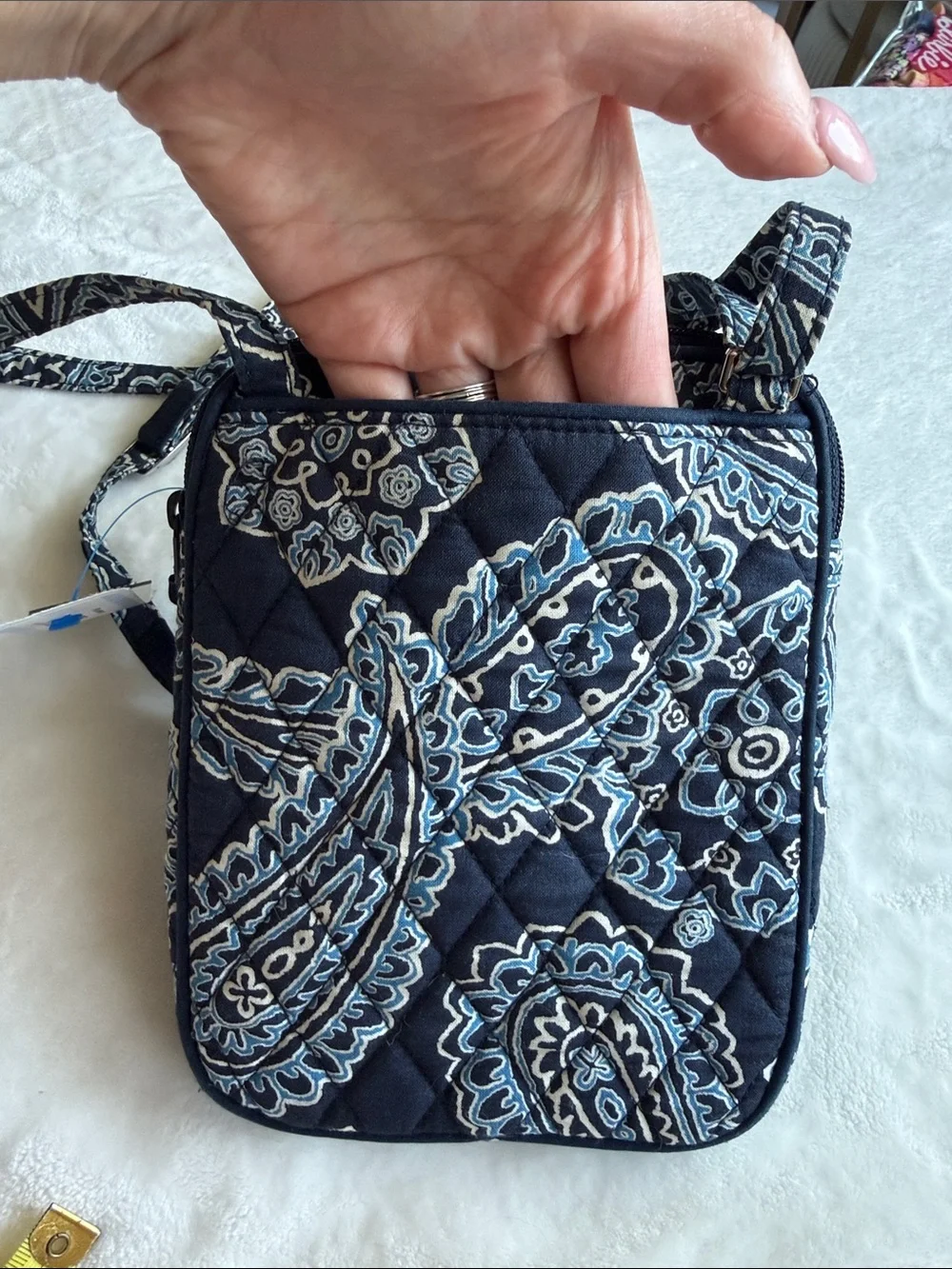 Vera Bradley Navy Paisley Quilted Crossbody with Light Blue Accents
